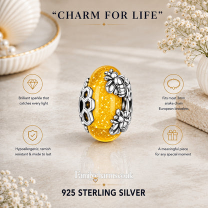 Yellow Murano Glass Bead Bee Sterling Silver Charm Hallmarked S925 for Charm Bracelet and Necklace
