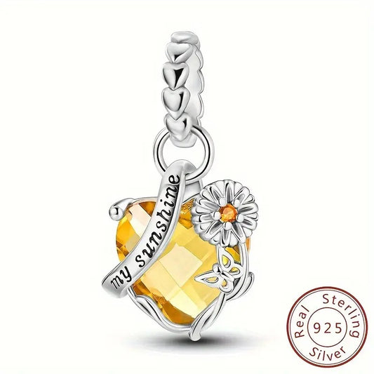 You Are My Sunshine Sunflower Heart Sterling Silver Charm Hallmarked S925 for Charm Bracelet and Necklace