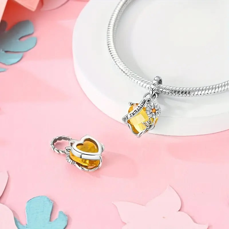 You Are My Sunshine Sunflower Heart Sterling Silver Charm Hallmarked S925 for Charm Bracelet and Necklace