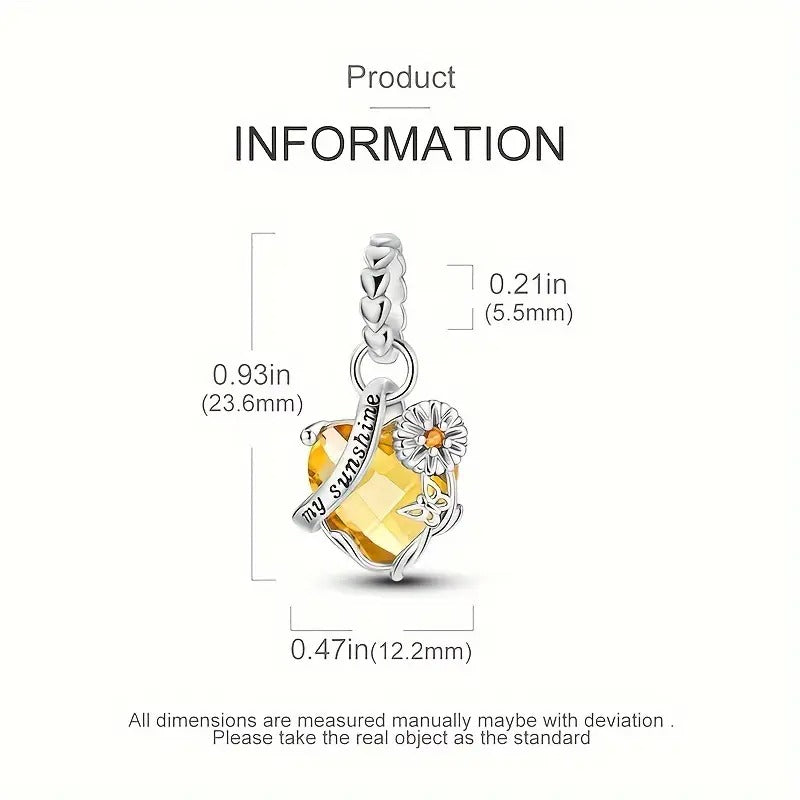 You Are My Sunshine Sunflower Heart Sterling Silver Charm Hallmarked S925 for Charm Bracelet and Necklace