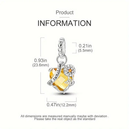 You Are My Sunshine Sunflower Heart Sterling Silver Charm Hallmarked S925 for Charm Bracelet and Necklace