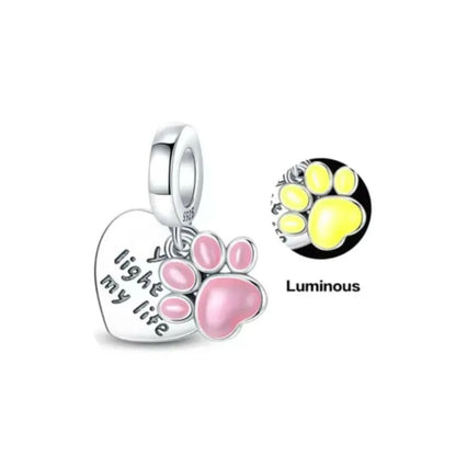 You Light Up My Life Paw Print and Heart Dangle Sterling Silver Charm Hallmarked S925 for Charm Bracelet and Necklace