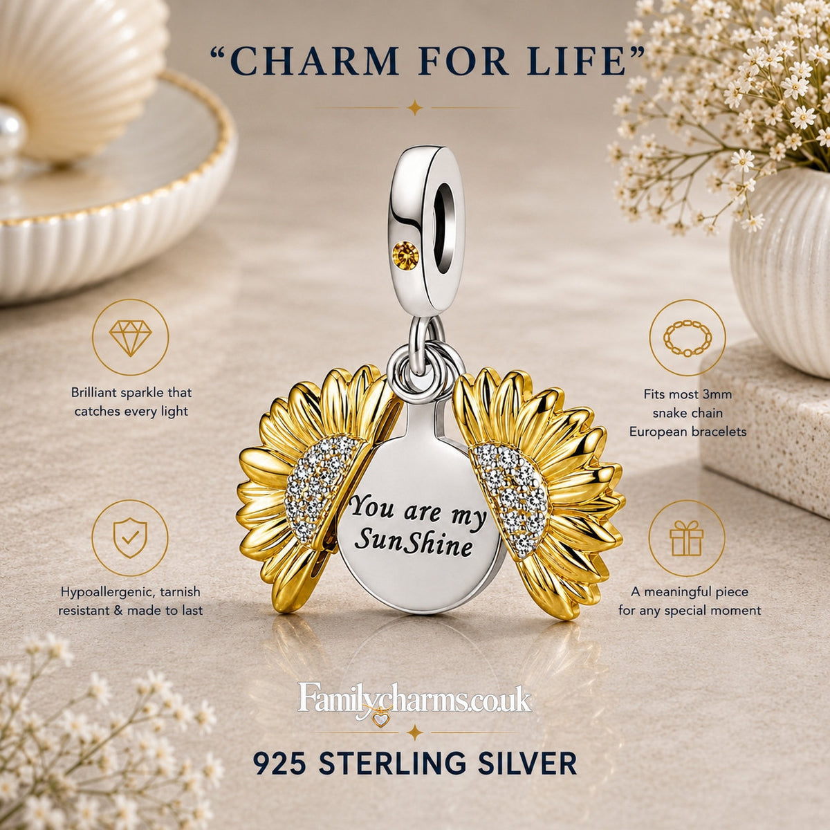 You Are My Sunshine Sterling Silver Charm Hallmarked S925 for Charm Bracelet and Necklace