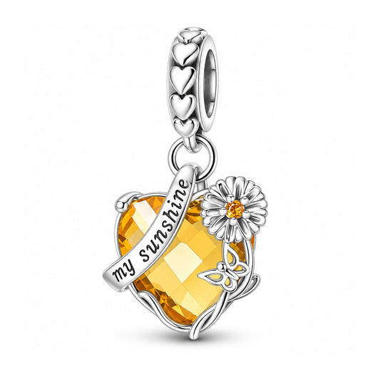 You Are My Sunshine Sunflower Heart Sterling Silver Charm Hallmarked S925 for Charm Bracelet and Necklace