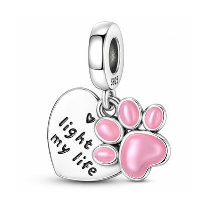 You Light Up My Life Paw Print and Heart Dangle Sterling Silver Charm Hallmarked S925 for Charm Bracelet and Necklace