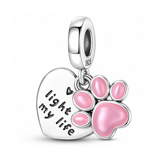 You Light Up My Life Paw Print and Heart Dangle Sterling Silver Charm Hallmarked S925 for Charm Bracelet and Necklace