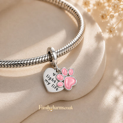 You Light Up My Life Paw Print and Heart Dangle Sterling Silver Charm Hallmarked S925 for Charm Bracelet and Necklace