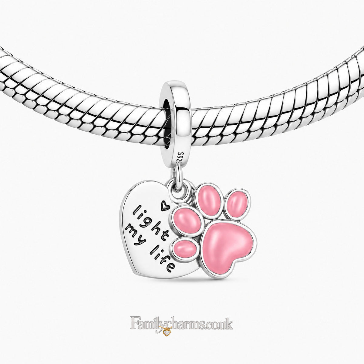 You Light Up My Life Paw Print and Heart Dangle Sterling Silver Charm Hallmarked S925 for Charm Bracelet and Necklace