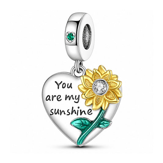You are My Sunshine Sunflower Dangle Sterling Silver Charm Hallmarked S925 for Charm Bracelet and Necklace