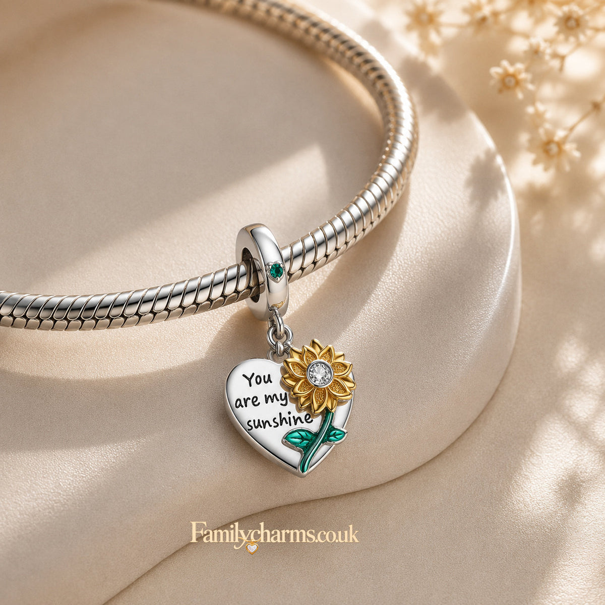You are My Sunshine Sunflower Dangle Sterling Silver Charm Hallmarked S925 for Charm Bracelet and Necklace