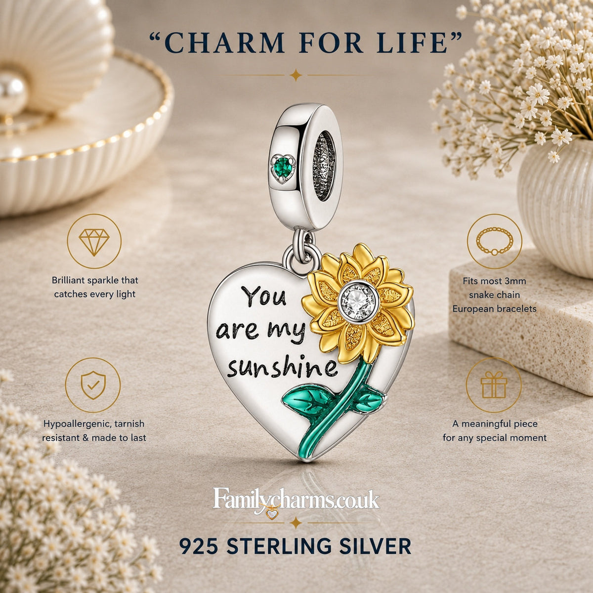 You are My Sunshine Sunflower Dangle Sterling Silver Charm Hallmarked S925 for Charm Bracelet and Necklace