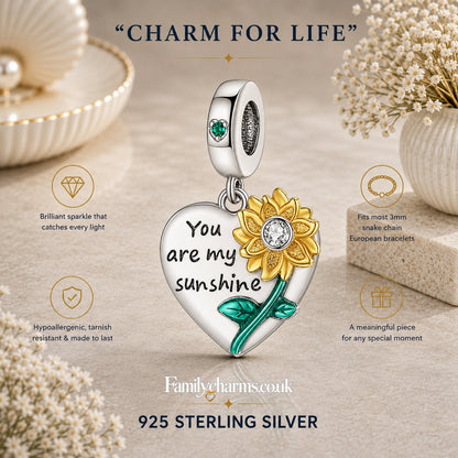 You are My Sunshine Sunflower Dangle Sterling Silver Charm Hallmarked S925 for Charm Bracelet and Necklace