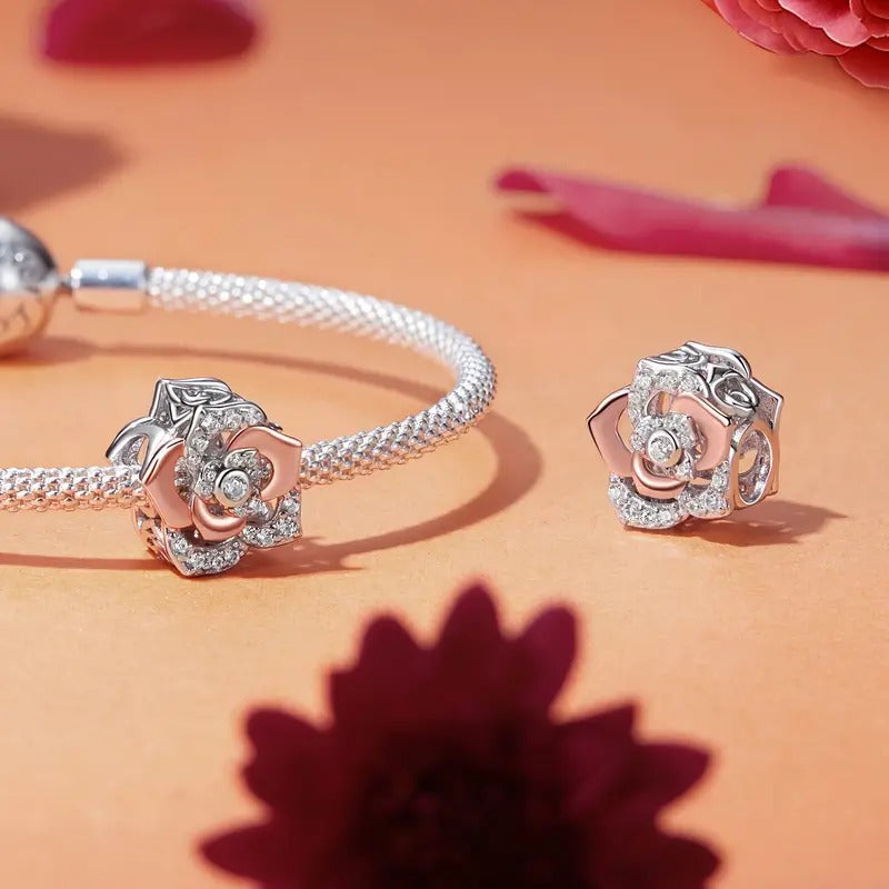 Zircon Rose Flower Charm for Bracelet, S925 Sterling Silver