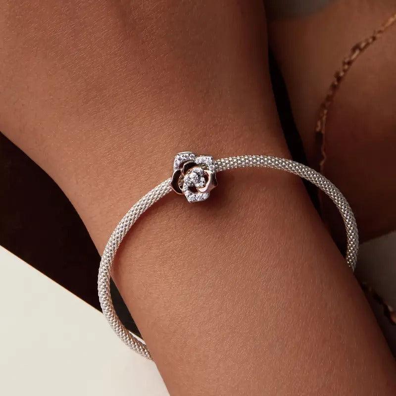 Zircon Rose Flower Charm for Bracelet, S925 Sterling Silver