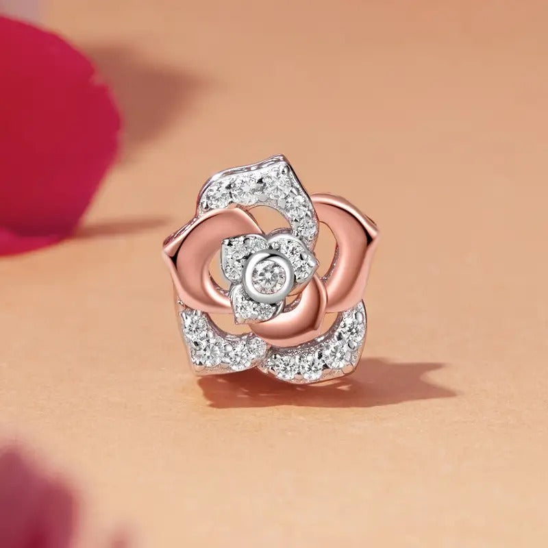Zircon Rose Flower Charm for Bracelet, S925 Sterling Silver