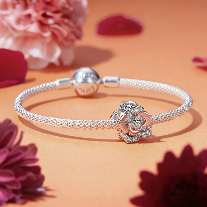 Zircon Rose Flower Charm for Bracelet, S925 Sterling Silver