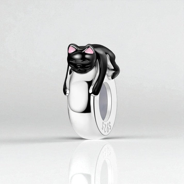 Black Cat Stopper Sterling Silver Charm Hallmarked S925 for Charm Bracelet and Necklace