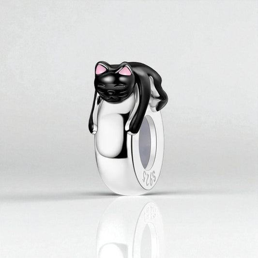Black Cat Stopper Sterling Silver Charm Hallmarked S925 for Charm Bracelet and Necklace