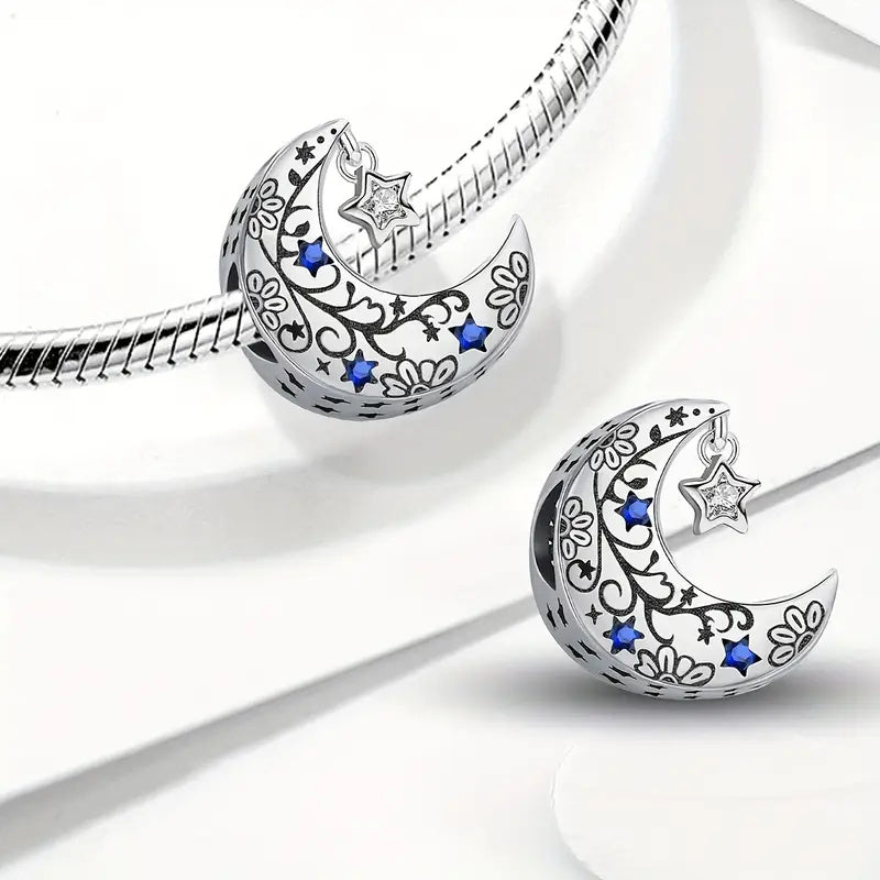 Blue Stars & Moon Bead Sterling Silver Charm Hallmarked S925 for Charm Bracelet and Necklace
