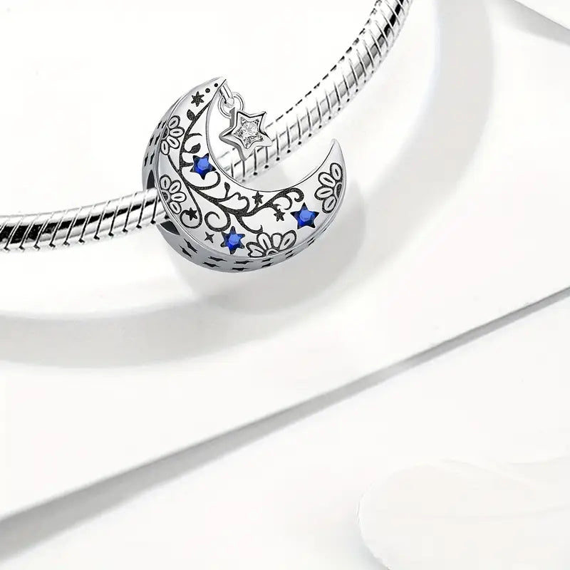 Blue Stars & Moon Bead Sterling Silver Charm Hallmarked S925 for Charm Bracelet and Necklace