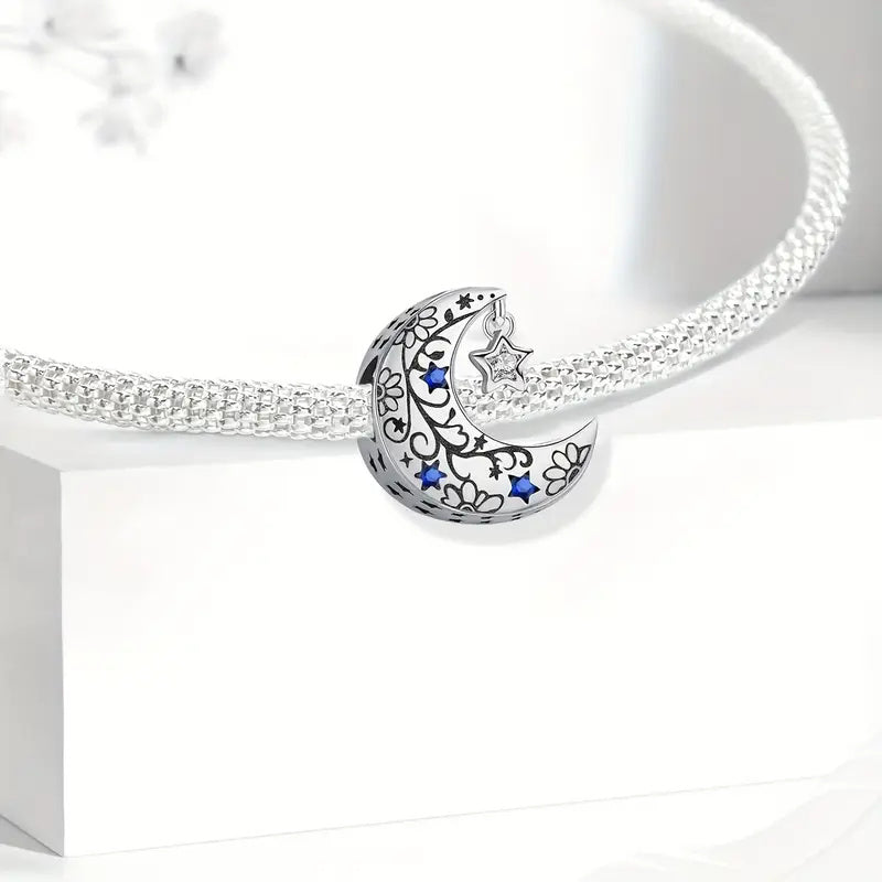 Blue Stars & Moon Bead Sterling Silver Charm Hallmarked S925 for Charm Bracelet and Necklace