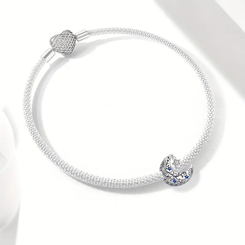 Blue Stars & Moon Bead Sterling Silver Charm Hallmarked S925 for Charm Bracelet and Necklace
