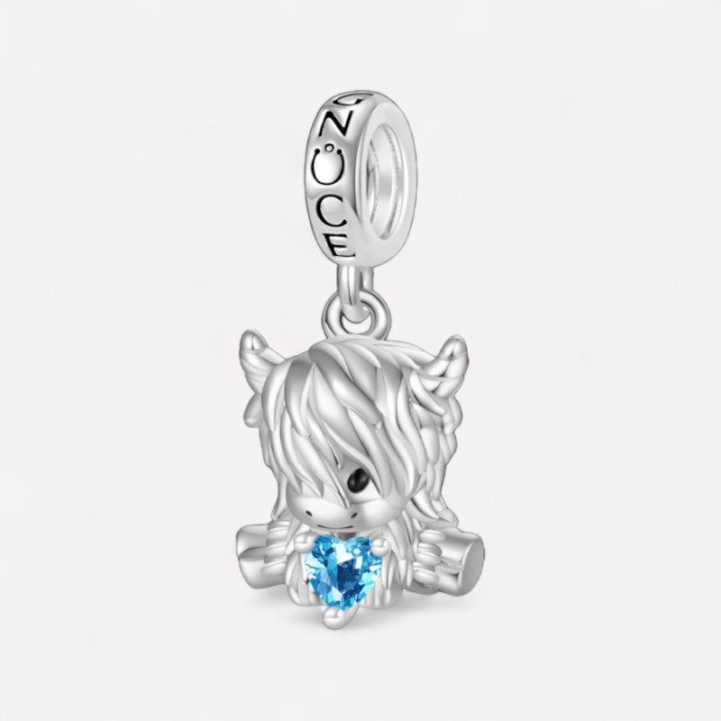 Blue Heart Highland Cow Sterling Silver Charm Hallmarked S925 for Charm Bracelet and Necklace