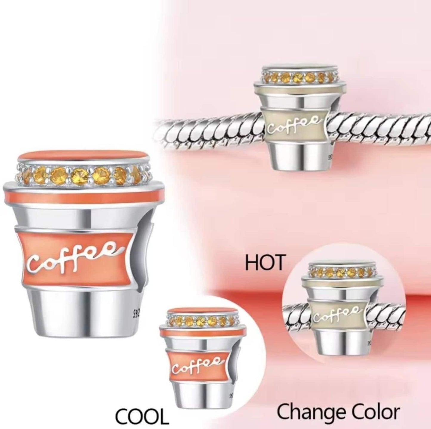 Colour Changing Coffee Cup Sterling Silver Charm Hallmarked S925 for Charm Bracelet and Necklace