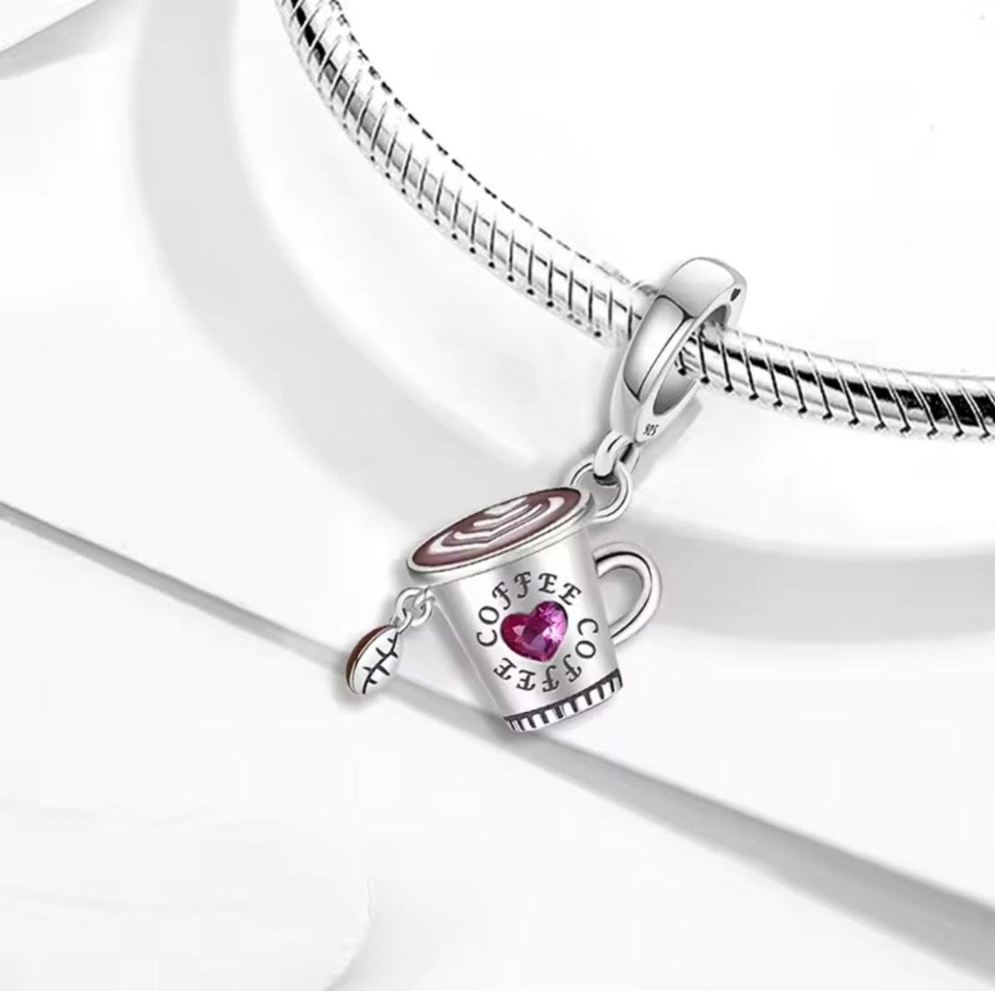 Coffee Cup and Bean Dangle Sterling Silver Charm Hallmarked S925 for Charm Bracelet and Necklace