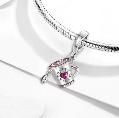 Coffee Cup and Bean Dangle Sterling Silver Charm Hallmarked S925 for Charm Bracelet and Necklace