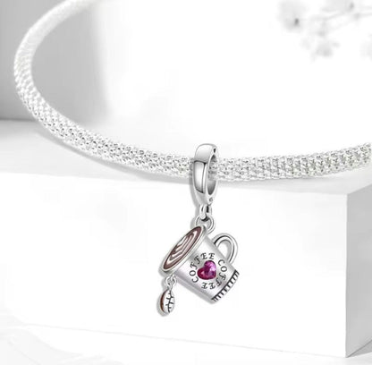 Coffee Cup and Bean Dangle Sterling Silver Charm Hallmarked S925 for Charm Bracelet and Necklace