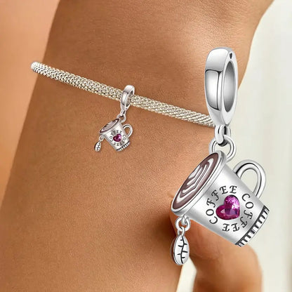 Coffee Cup and Bean Dangle Sterling Silver Charm Hallmarked S925 for Charm Bracelet and Necklace