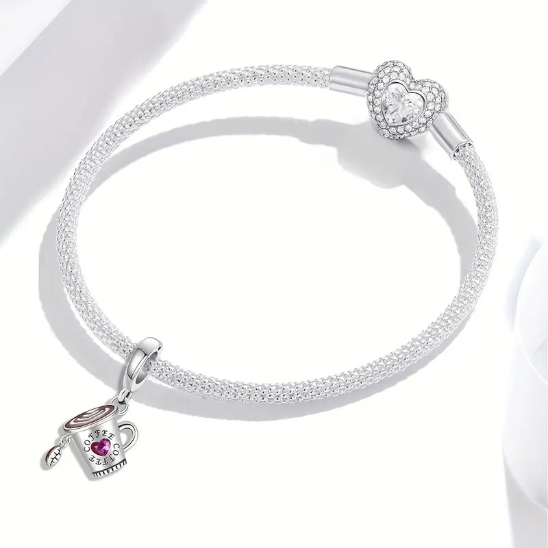 Coffee Cup and Bean Dangle Sterling Silver Charm Hallmarked S925 for Charm Bracelet and Necklace