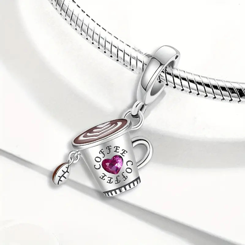 Coffee Cup and Bean Dangle Sterling Silver Charm Hallmarked S925 for Charm Bracelet and Necklace