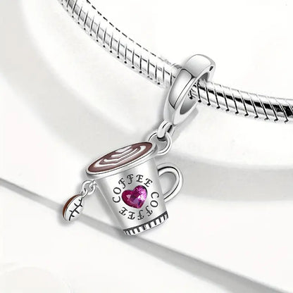 Coffee Cup and Bean Dangle Sterling Silver Charm Hallmarked S925 for Charm Bracelet and Necklace