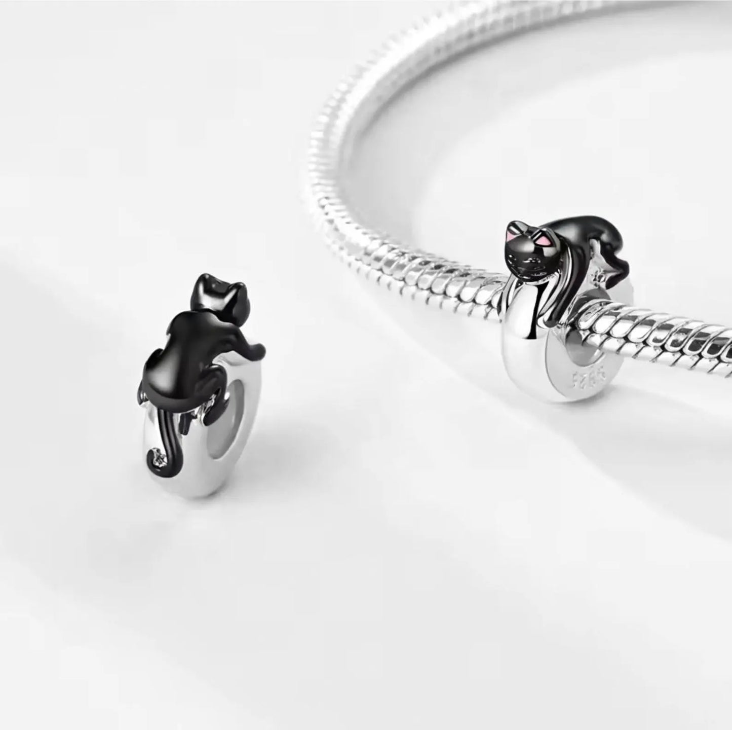 Cute Black Cat Sterling Silver Charm Hallmarked S925 for Charm Bracelet and Necklace