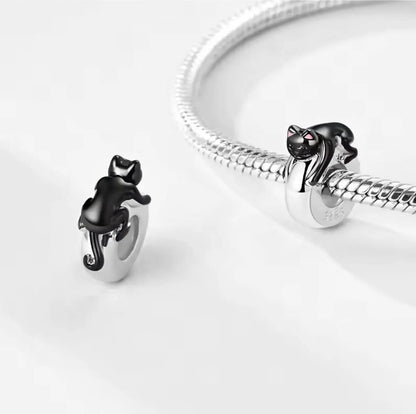 Cute Black Cat Sterling Silver Charm Hallmarked S925 for Charm Bracelet and Necklace