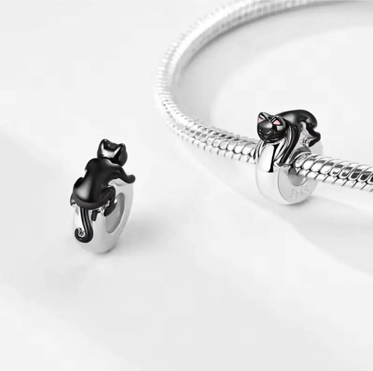 Cute Black Cat Sterling Silver Charm Hallmarked S925 for Charm Bracelet and Necklace