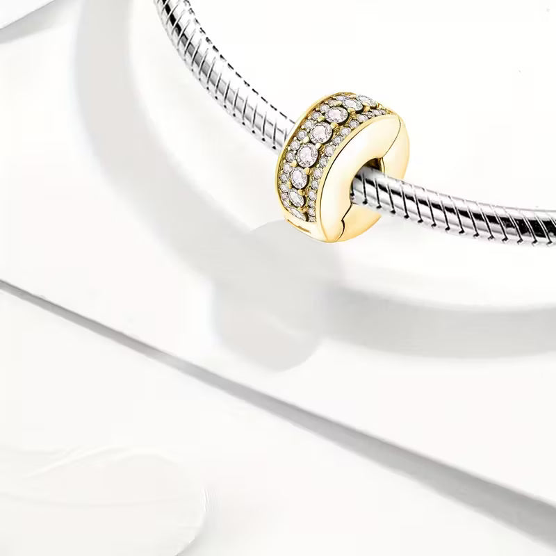 Gold Clear Sparkling Row Clip Sterling Silver Charm Hallmarked S925 for Charm Bracelet and Necklace