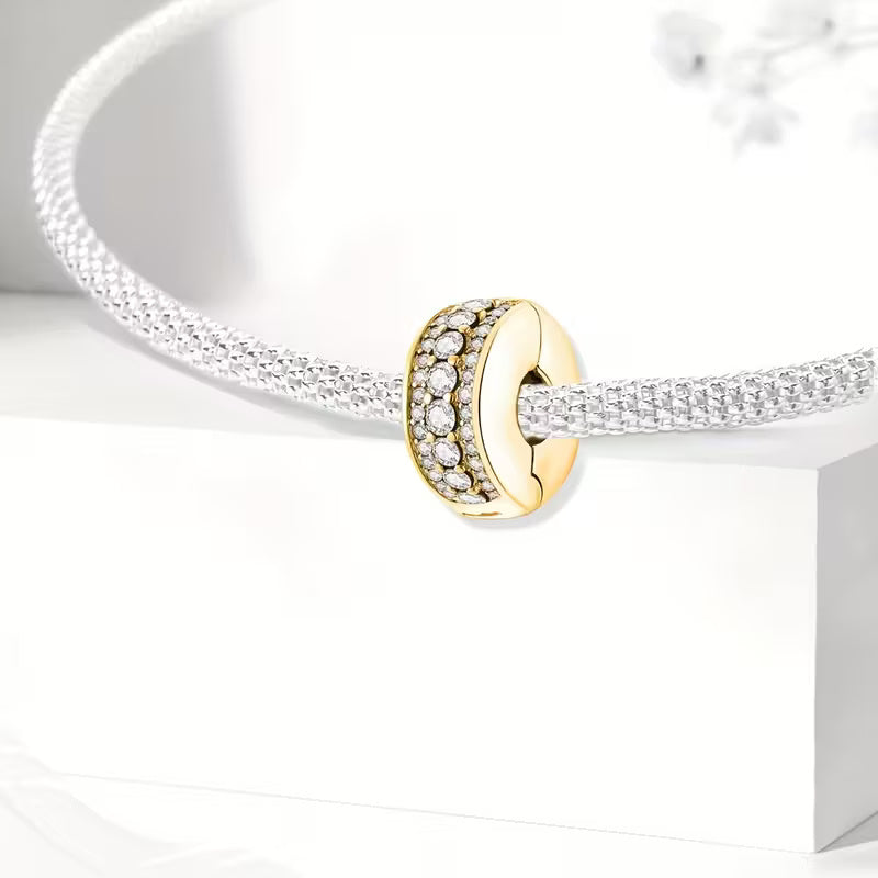 Gold Clear Sparkling Row Clip Sterling Silver Charm Hallmarked S925 for Charm Bracelet and Necklace