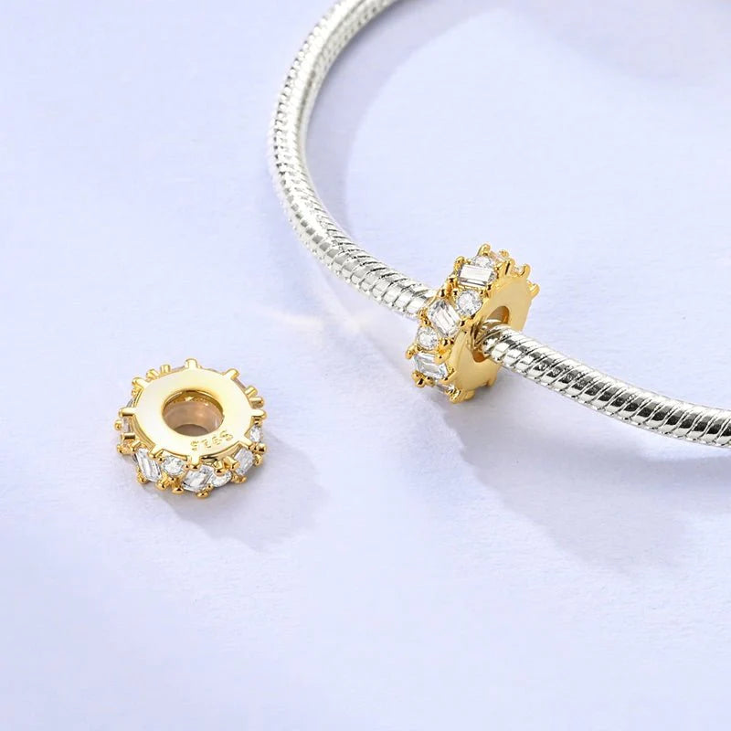 Golden Bezel Stopper Sterling Silver Charm Hallmarked S925 for Charm Bracelet and Necklace