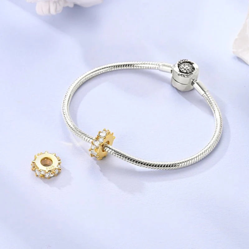 Golden Bezel Stopper Sterling Silver Charm Hallmarked S925 for Charm Bracelet and Necklace