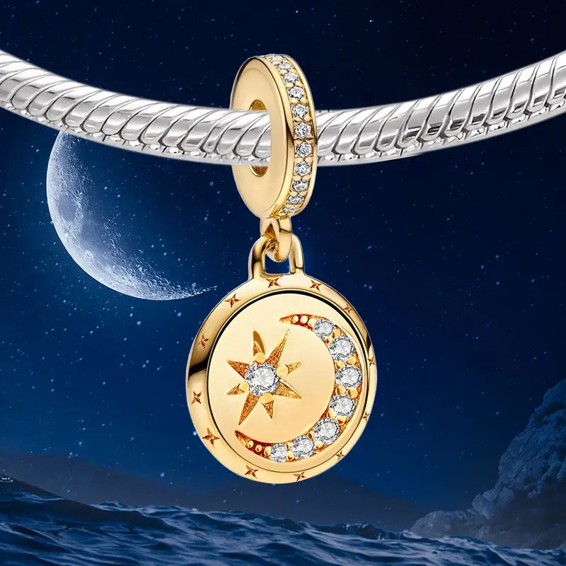 Gold Moon Star Dangle Charm Hallmarked S925 for Charm Bracelet and Necklace