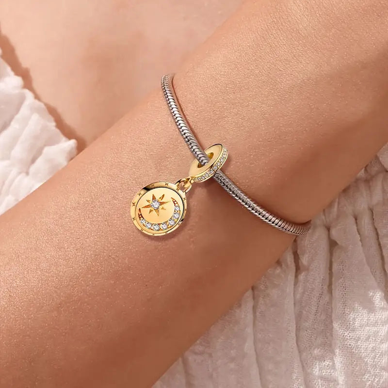 Gold Moon Star Dangle Charm Hallmarked S925 for Charm Bracelet and Necklace