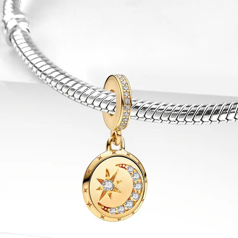 Gold Moon Star Dangle Charm Hallmarked S925 for Charm Bracelet and Necklace