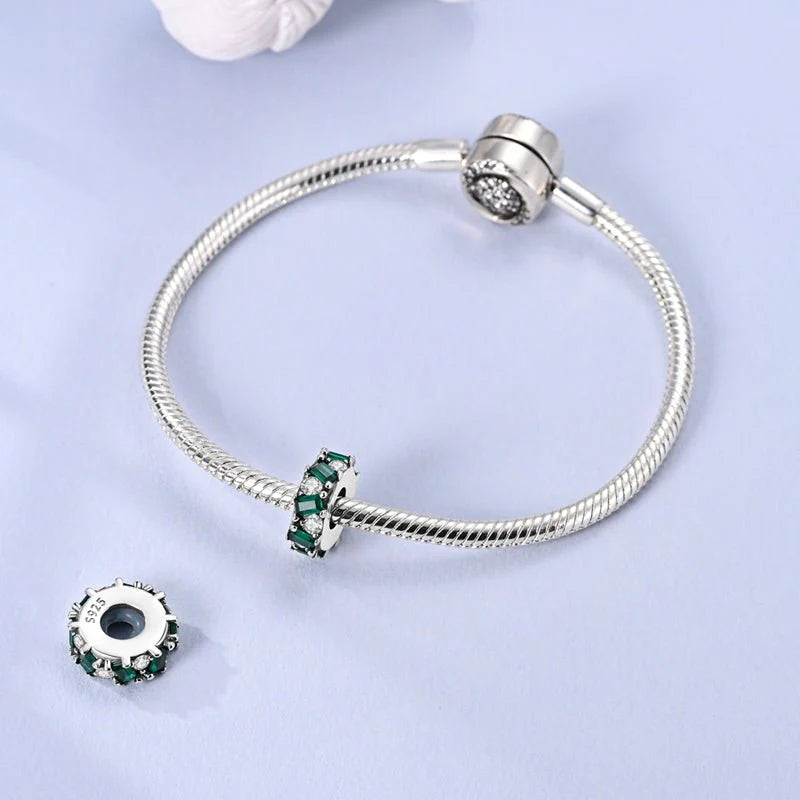 Green Bezel Set Stopper Sterling Silver Charm Hallmarked S925 for Charm Bracelet and Necklace