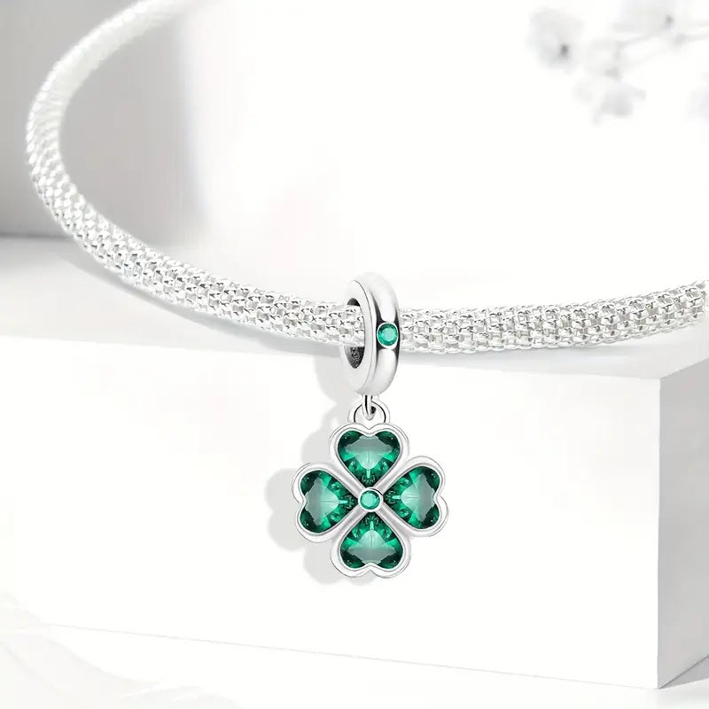 Green Four-Leaf Clover Dangle Sterling Silver Charm Hallmarked S925 for Charm Bracelet and Necklace
