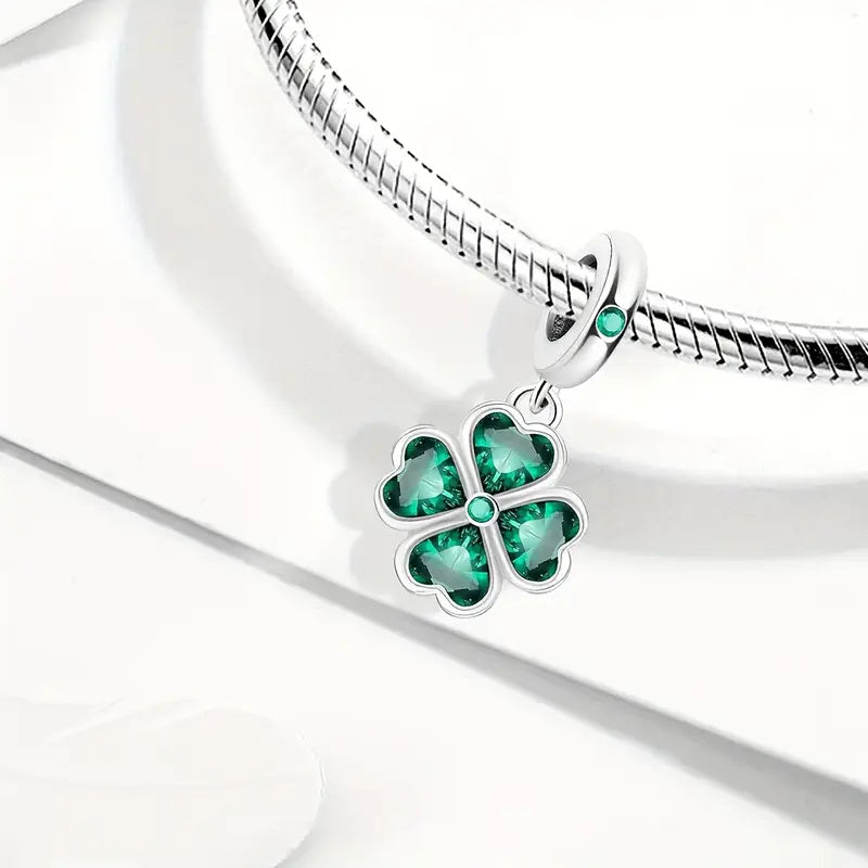 Green Four-Leaf Clover Dangle Sterling Silver Charm Hallmarked S925 for Charm Bracelet and Necklace