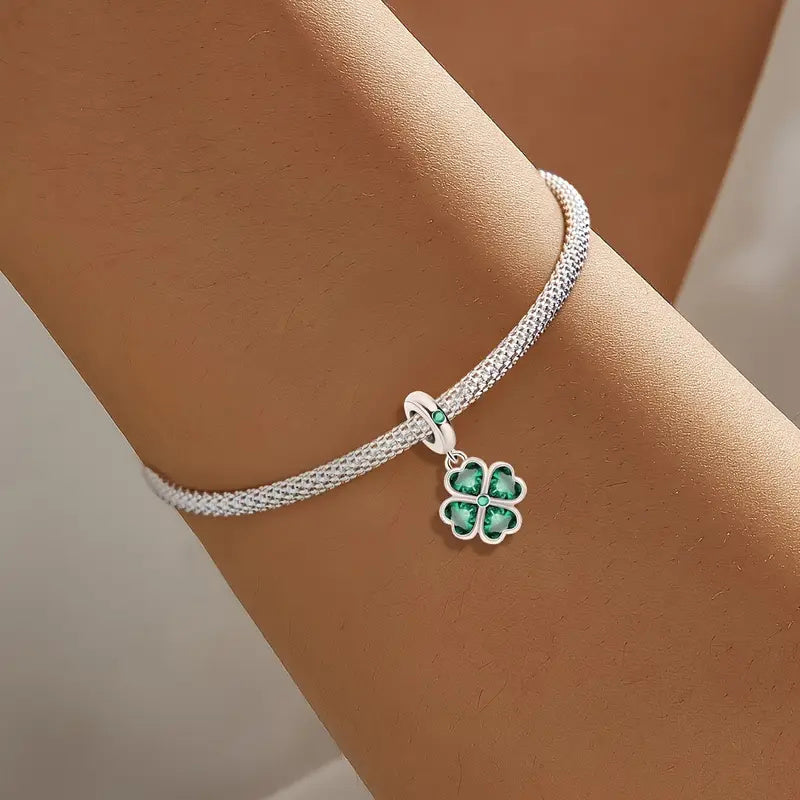 Green Four-Leaf Clover Dangle Sterling Silver Charm Hallmarked S925 for Charm Bracelet and Necklace