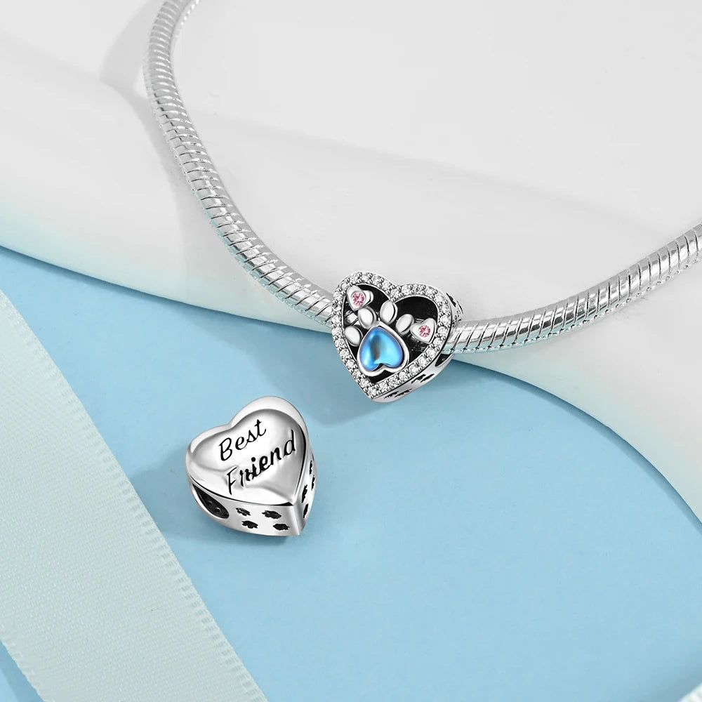 Heart-Shaped Dog Paw-Print Sterling Silver Charm Hallmarked S925 for Charm Bracelet and Necklace